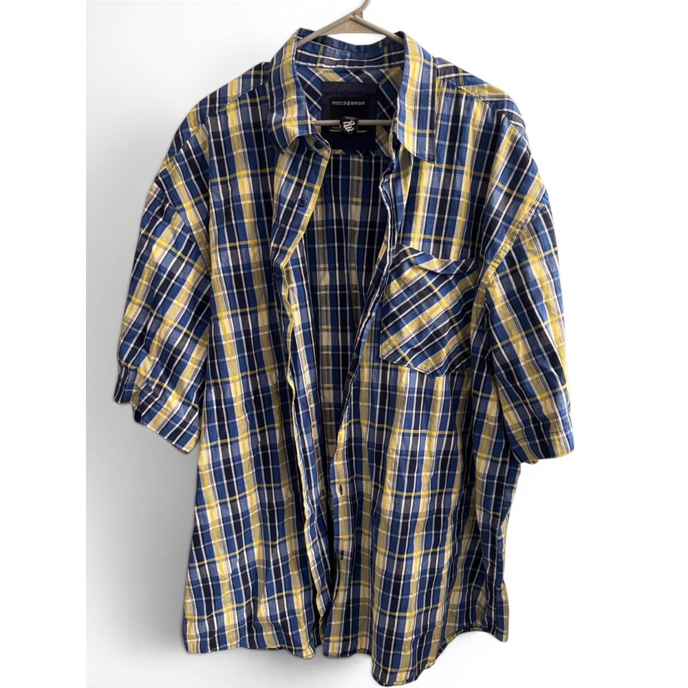 Rocawear Button Down Mens 5XL Blue Yellow Plaid Short Sleeve Shirt Hip Hop Y2K